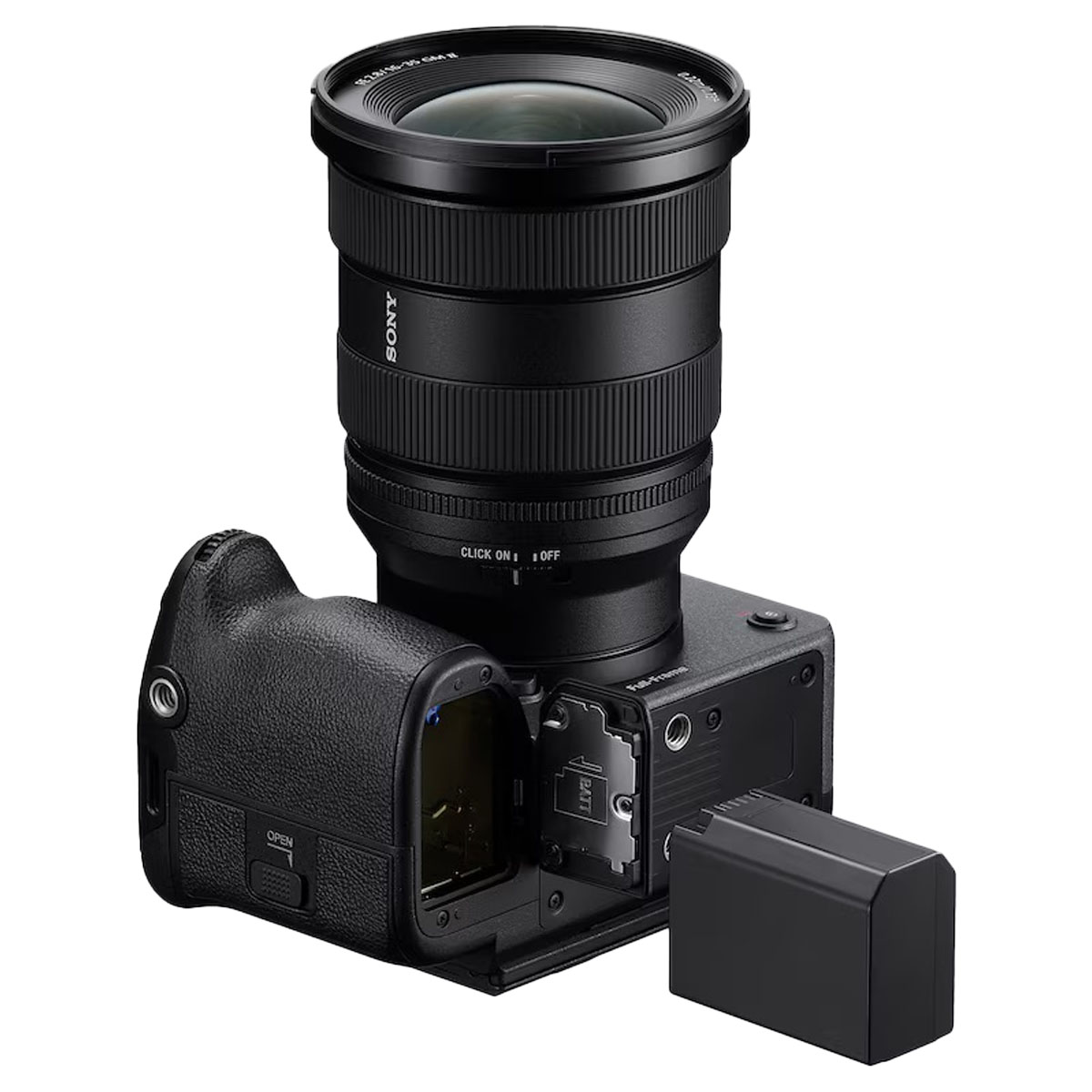 Sony FX5 z akumulatorem Sony NP-SA100 i otwartą komorą baterii